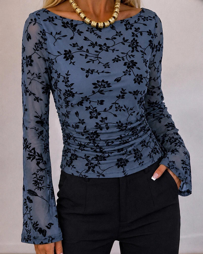 Camille Flocked Floral Mesh Ruched Top