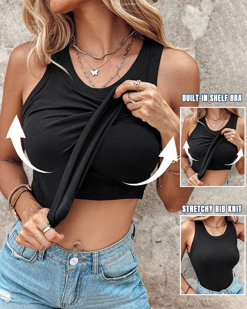 Malibu Built-in Bra Ribbed Round Neck Tank Top