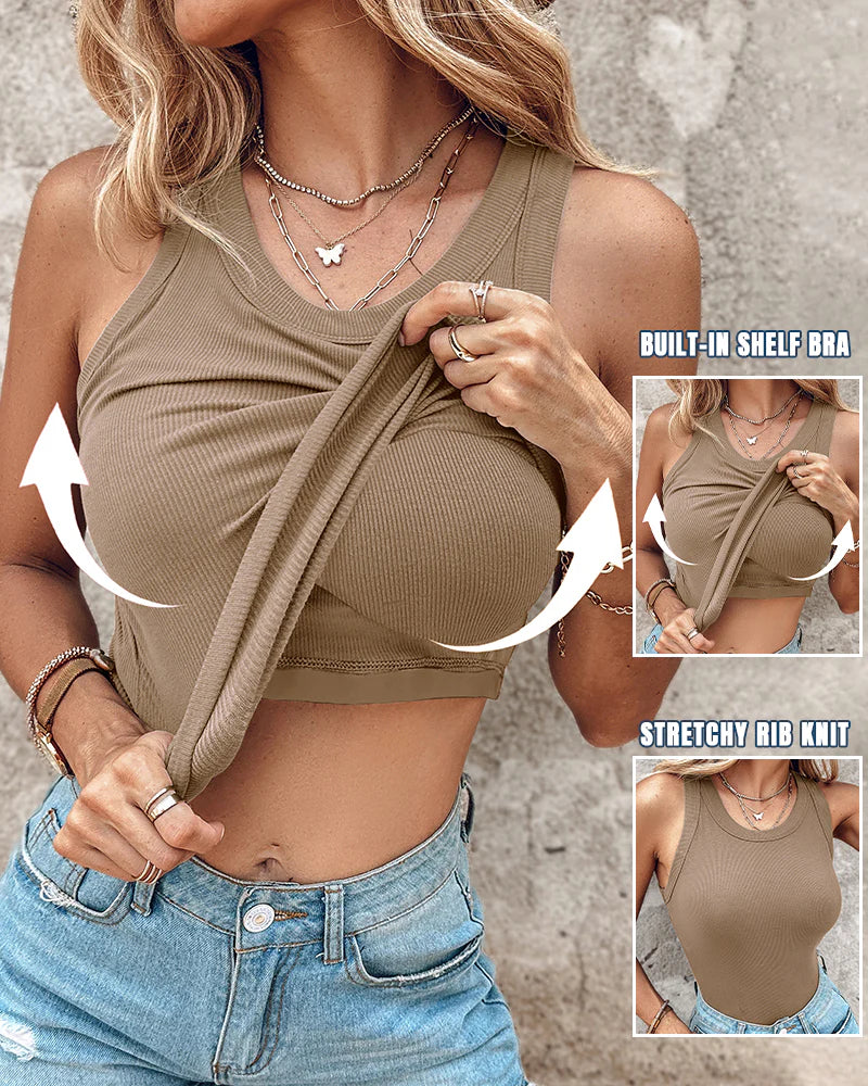 Malibu Built-in Bra Ribbed Round Neck Tank Top
