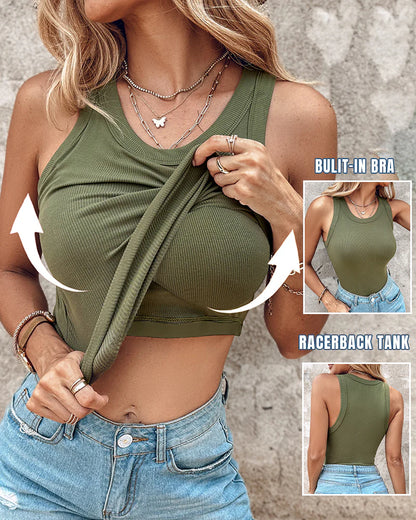 Malibu Built-in Bra Ribbed Round Neck Tank Top