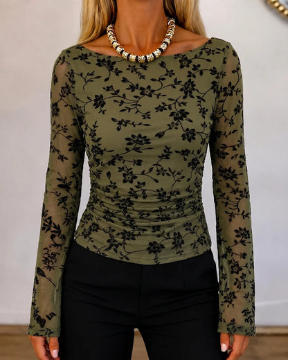 Camille Flocked Floral Mesh Ruched Top