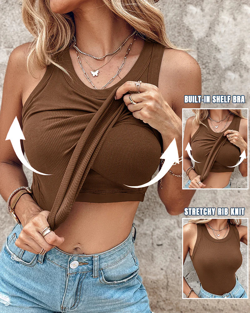 Malibu Built-in Bra Ribbed Round Neck Tank Top