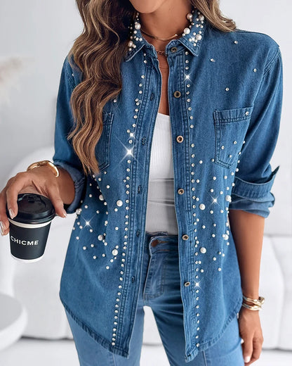 Bella Pearl & Rhinestone Denim Shirt Jacket