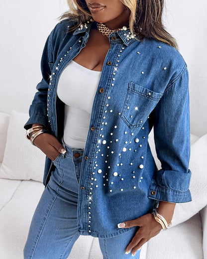 Bella Pearl & Rhinestone Denim Shirt Jacket