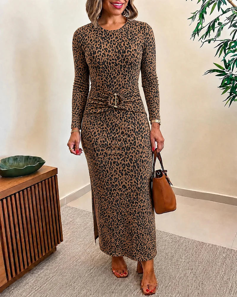 Bianca Leopard Print Gold Ring Twist Midi Dress