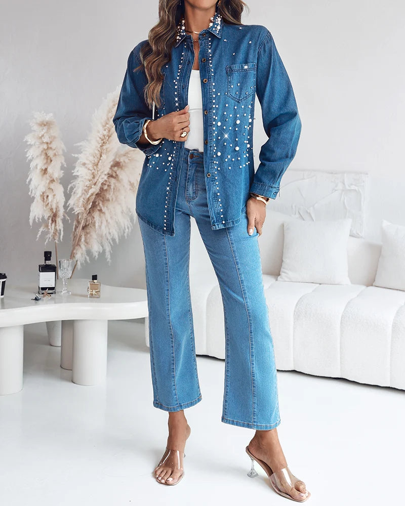 Bella Pearl & Rhinestone Denim Shirt Jacket