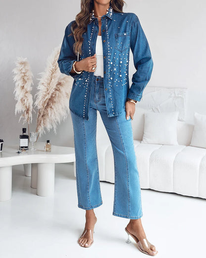 Bella Pearl & Rhinestone Denim Shirt Jacket