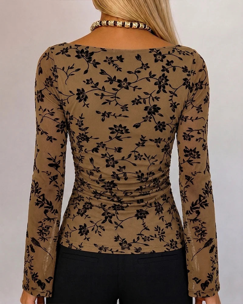 Camille Flocked Floral Mesh Ruched Top
