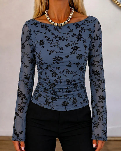 Camille Flocked Floral Mesh Ruched Top
