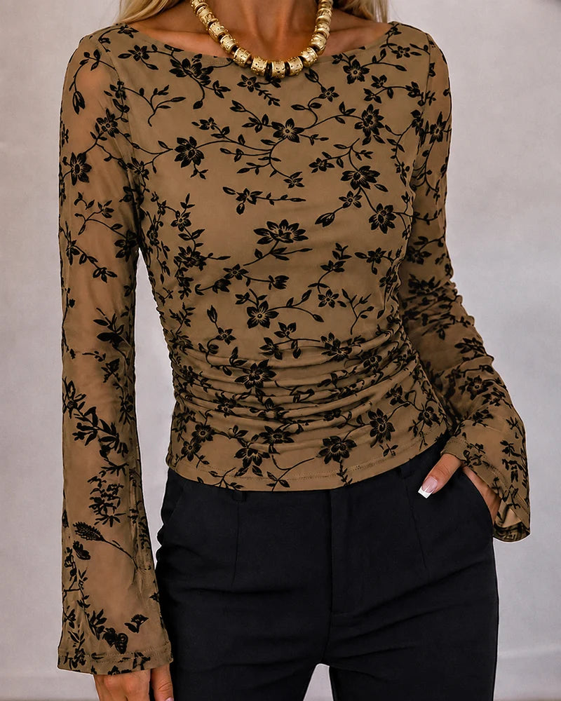 Camille Flocked Floral Mesh Ruched Top