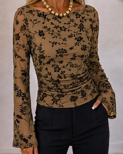Camille Flocked Floral Mesh Ruched Top