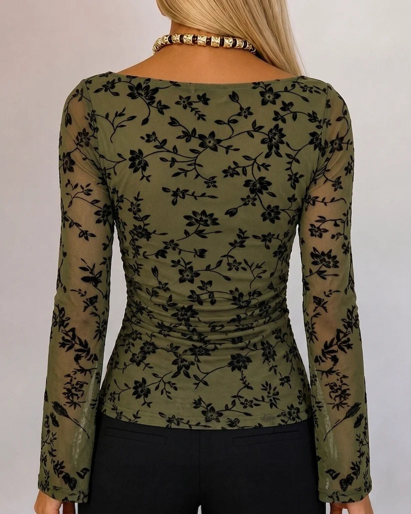 Camille Flocked Floral Mesh Ruched Top