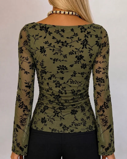 Camille Flocked Floral Mesh Ruched Top