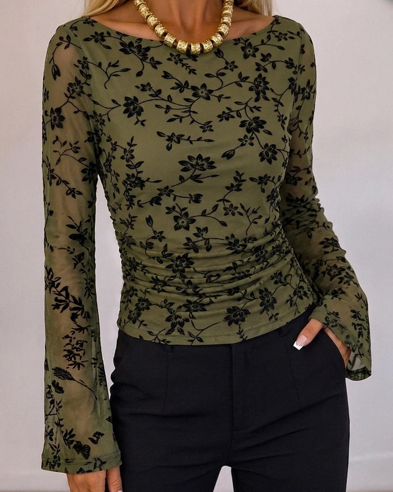 Camille Flocked Floral Mesh Ruched Top