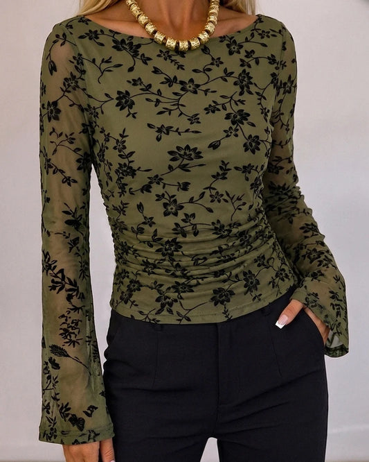 Camille Flocked Floral Mesh Ruched Top