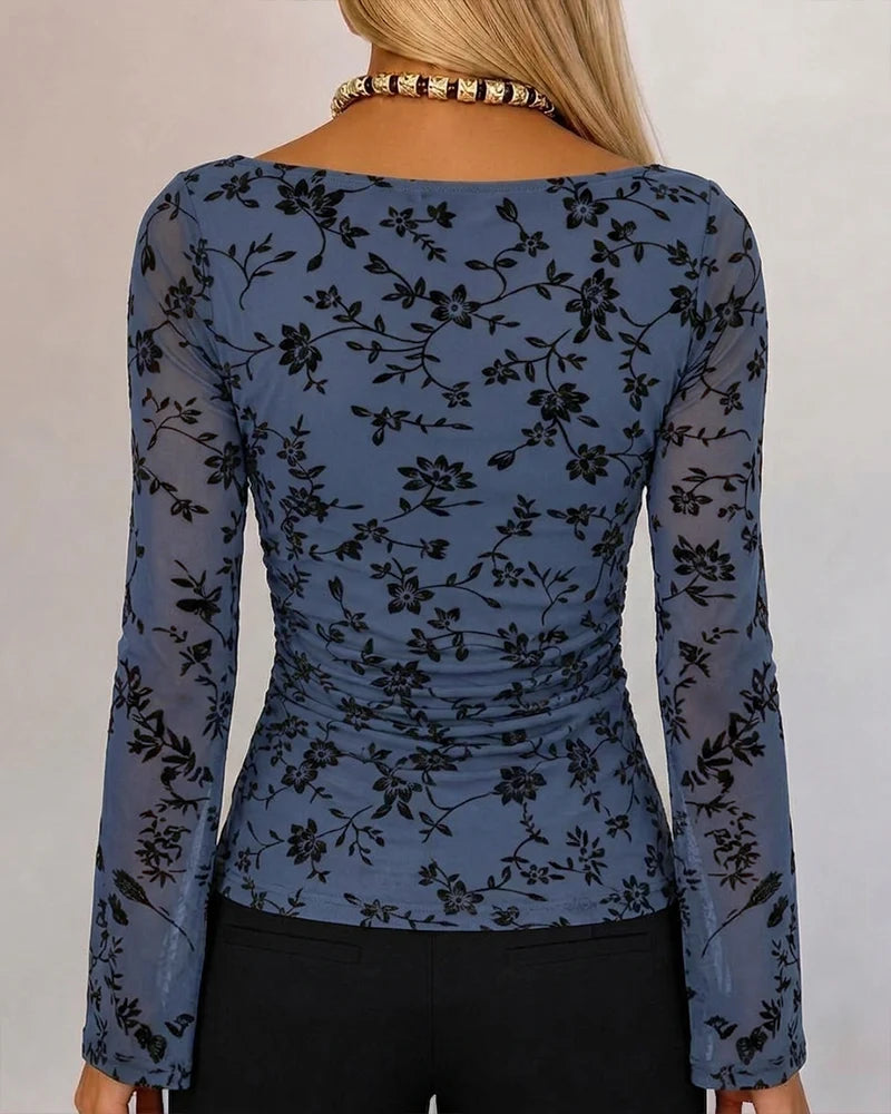Camille Flocked Floral Mesh Ruched Top
