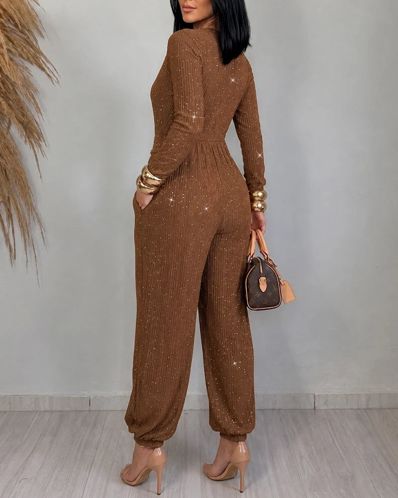 Stella Glitter Wrap V-Neck Belted Jumpsuit