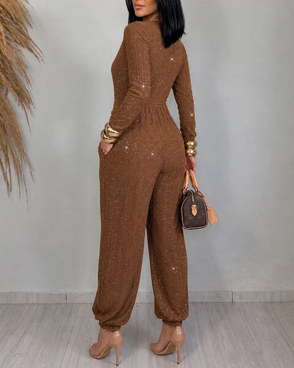 Stella Glitter Wrap V-Neck Belted Jumpsuit