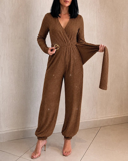 Stella Glitter Wrap V-Neck Belted Jumpsuit