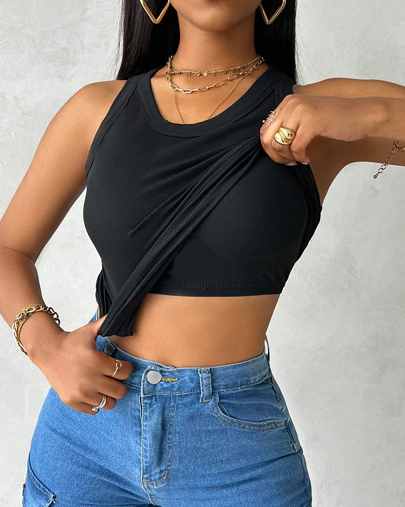 Malibu Built-in Bra Ribbed Round Neck Tank Top