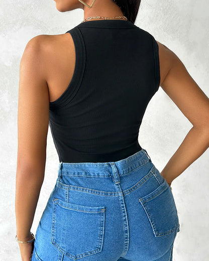 Malibu Built-in Bra Ribbed Round Neck Tank Top