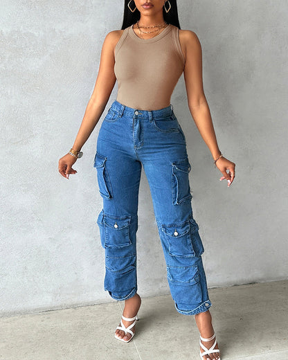 Malibu Built-in Bra Ribbed Round Neck Tank Top