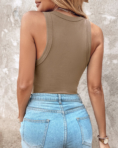 Malibu Built-in Bra Ribbed Round Neck Tank Top