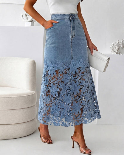 Dana Denim High Waisted Lace Spliced Skirt