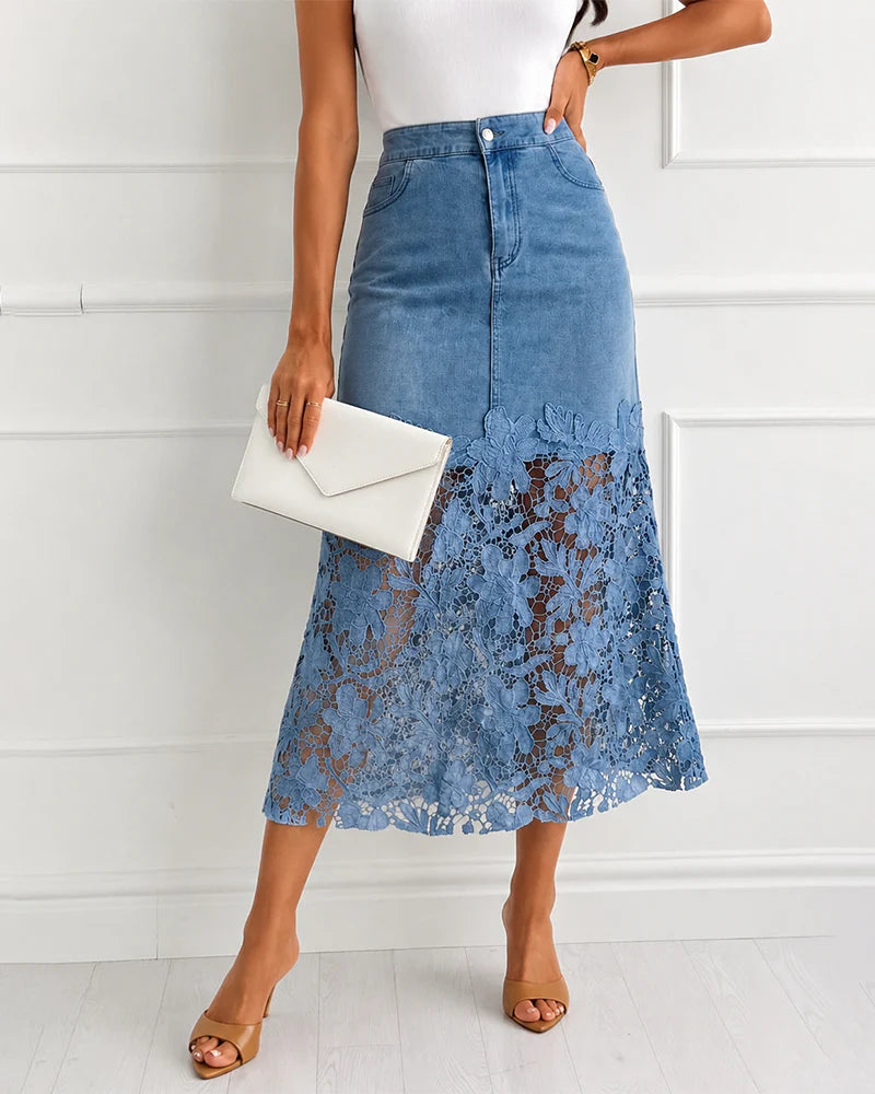 Dana Denim High Waisted Lace Spliced Skirt