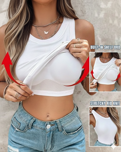 Malibu Built-in Bra Ribbed Round Neck Tank Top