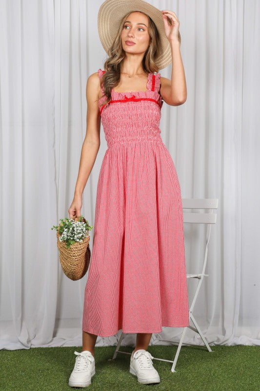 Alex Shoulder Strap Velvet Trim Gingham Midi Dress