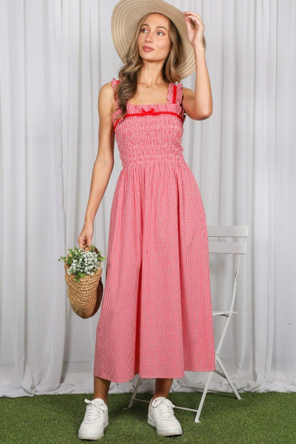 Alex Shoulder Strap Velvet Trim Gingham Midi Dress