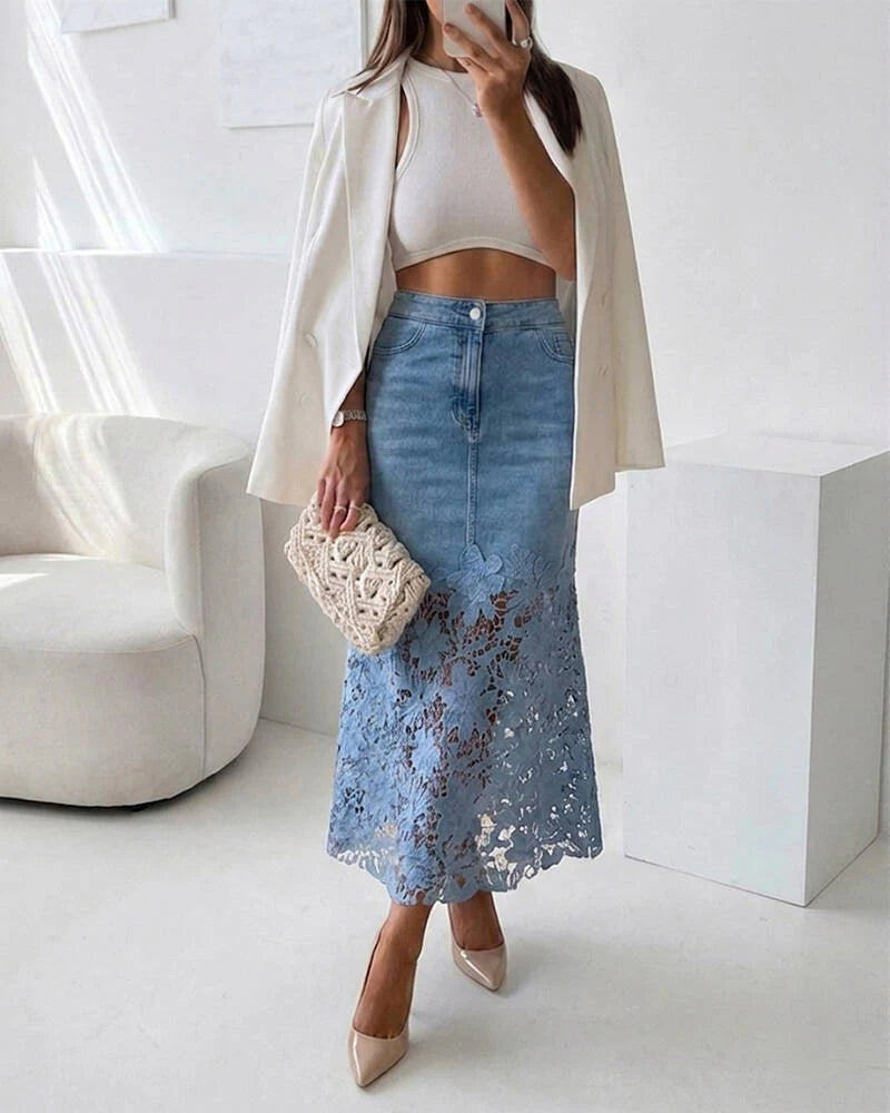 Dana Denim High Waisted Lace Spliced Skirt