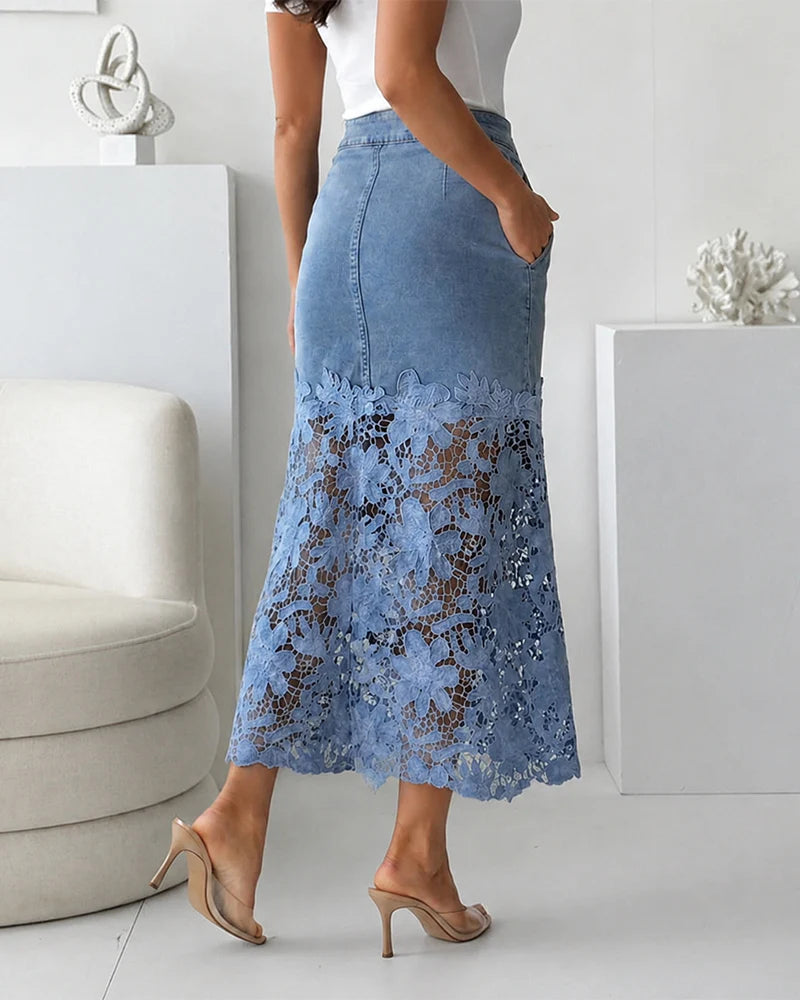 Dana Denim High Waisted Lace Spliced Skirt
