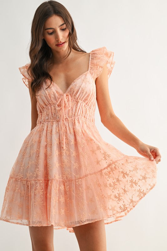 Elodie Chiffon Embroidered Flutter Mini Dress