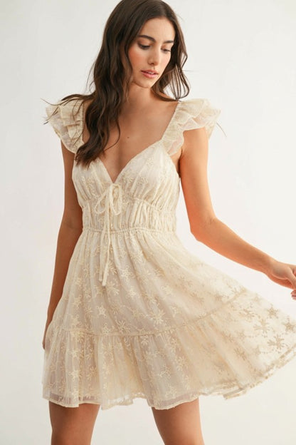Elodie Chiffon Embroidered Flutter Mini Dress