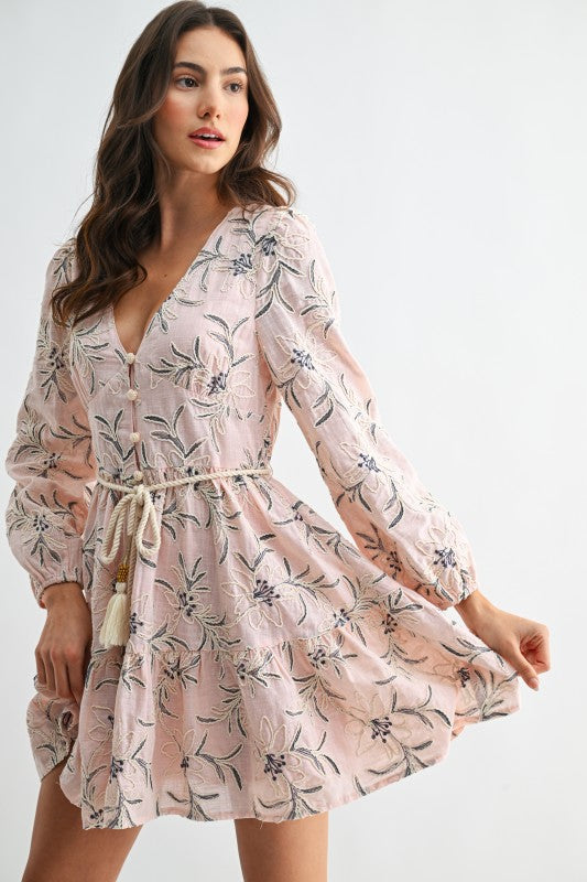 Elara Embroidered Belted Mini Dress