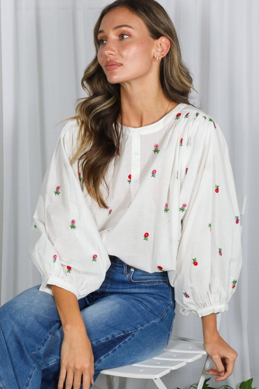 Ely Draped 3/4 Sleeves Floral Embroidered Blouse