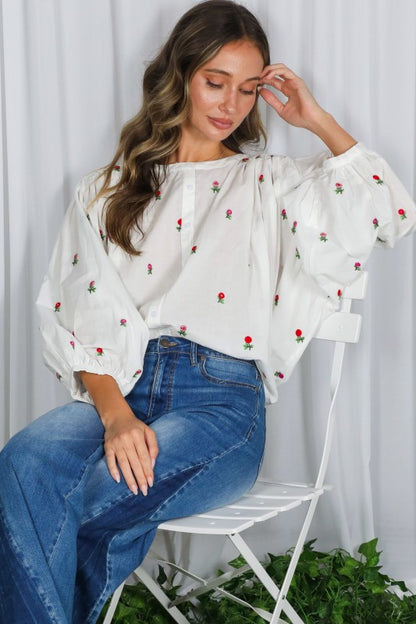 Ely Draped 3/4 Sleeves Floral Embroidered Blouse