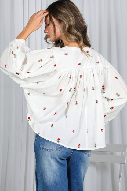 Ely Draped 3/4 Sleeves Floral Embroidered Blouse