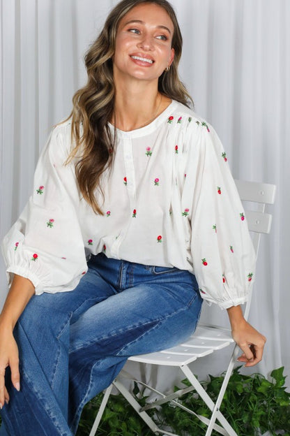 Ely Draped 3/4 Sleeves Floral Embroidered Blouse
