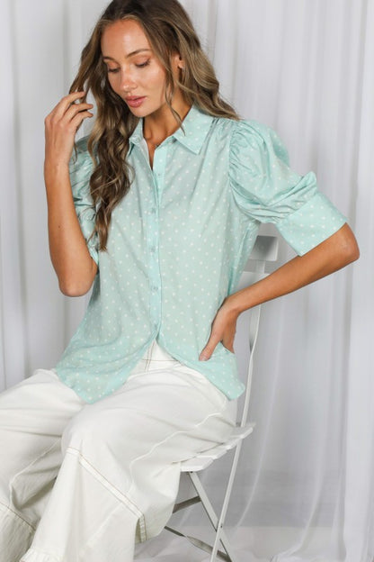 Carrie Short Puff Sleeve Polka Dot Printed Shirt