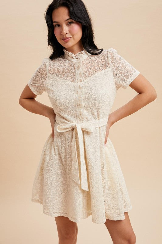 Tessa Lace Embroidered Mock Neck Mini Dress