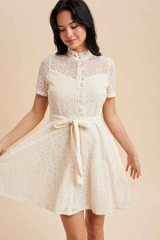 Tessa Lace Embroidered Mock Neck Mini Dress