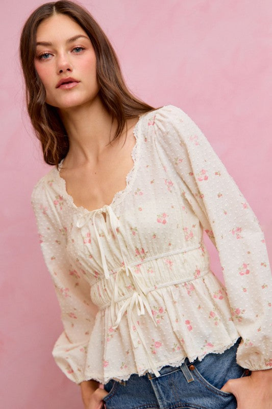 Noelle Floral Lace Trim Ruched Blouse