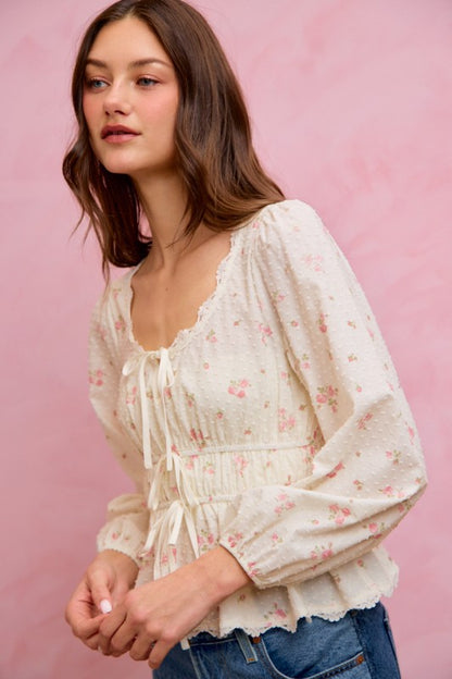Noelle Floral Lace Trim Ruched Blouse