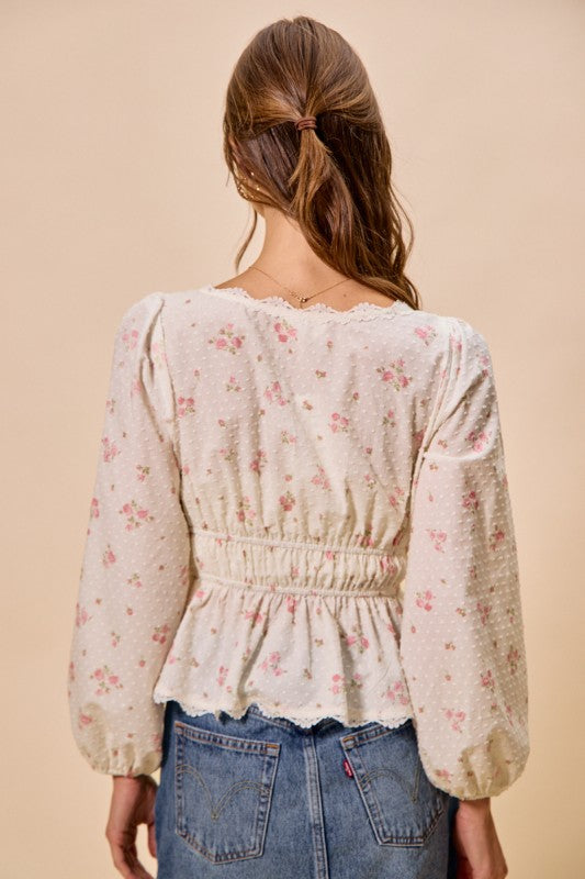 Noelle Floral Lace Trim Ruched Blouse