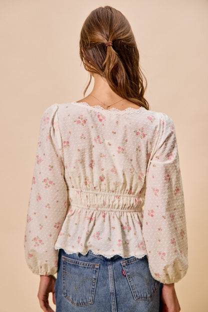 Noelle Floral Lace Trim Ruched Blouse