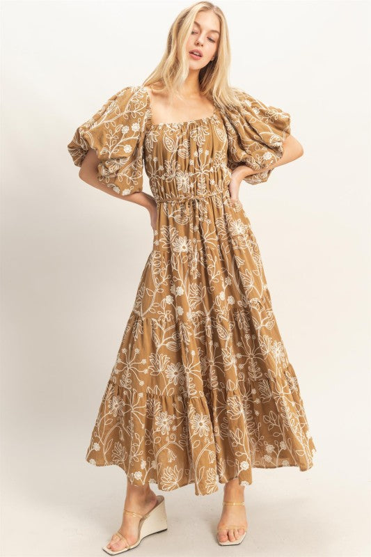 Keira Floral Puff Sleeve Midi Dress