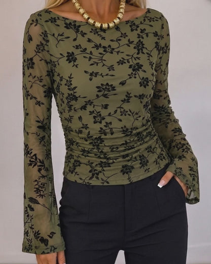 Camille Flocked Floral Mesh Ruched Top